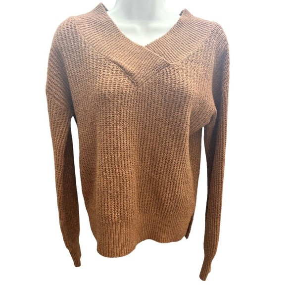 Pink Rose Sweaters - Pink Rose - Women's Brown Sweater Top Long Sleeve V-neck Loose Knit Size Medium